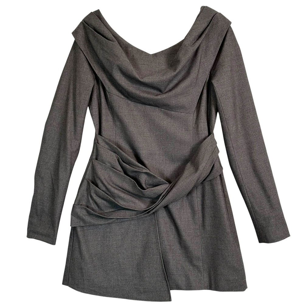 Karen Millen Mini Dress Woven Wool Mix Bardot Draped Off Shoulder Grey 8 Chic - Picture 3 of 12
